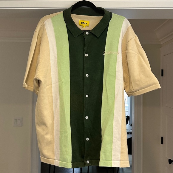 Men's GOLF WANG Green / Beige Knit Short Sleeve Button Up Polo - Size XL - Picture 2 of 14
